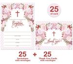DB Party Studio Set Baby Baptism Invitations with Matched Thank You Notes ( 25 of Each ) Envelopes Included, 5 x 7" Lovely Pink Roses Fill-in Invites & Folded Thanks Cards Infant Christening Pair by Digibuddha