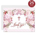 DB Party Studio Set Baby Baptism Invitations with Matched Thank You Notes ( 25 of Each ) Envelopes Included, 5 x 7" Lovely Pink Roses Fill-in Invites & Folded Thanks Cards Infant Christening Pair by Digibuddha