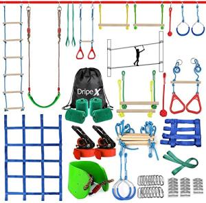 Ninja Warrior Obstacle Course for Kids - 2X50FT Double Ninja Slackline with Most Complete Accessories for Kids, Swing, Trapeze Swing, Rope Ladder, Obstacle Net Plus 1.2M Arm Trainer from Dripex