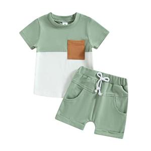 Infant Toddler Baby Boy Outfits Short Sleeve T-Shirt Tops + Shorts Set Solid Summer Clothes with Pockets 2pcs (Green, 12-18 Months) from GOOCHEER