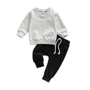 fhutpw Baby Boy Clothes 2pcs Fall Outfits Long Sleeve Solid Sweatshirt T-Shirt Top Striped Drawstring Pants Set (A- Grey & Black, 12-18 Months) by 