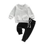 fhutpw Baby Boy Clothes 2pcs Fall Outfits Long Sleeve Solid Sweatshirt T-Shirt Top Striped Drawstring Pants Set (A- Grey & Black, 12-18 Months) by 