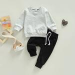 fhutpw Baby Boy Clothes 2pcs Fall Outfits Long Sleeve Solid Sweatshirt T-Shirt Top Striped Drawstring Pants Set (A- Grey & Black, 12-18 Months) by 