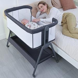 ANGELBLISS Baby Bassinet Bedside Crib with Storage Basket and Wheels, Easy Folding Bed Side Sleeper Adjustable Height Portable Crib for Newborn by 