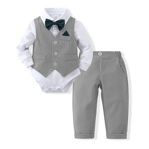 DISAUR Baby Boy Clothes Toddler Boy Outfits, 4PC Gentleman Dress Romper + Vest + Pants + Bow Tie Cotton Suit Setï¼Grayï¼3-6 monthsï¼ from 