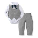 DISAUR Baby Boy Clothes Toddler Boy Outfits, 4PC Gentleman Dress Romper + Vest + Pants + Bow Tie Cotton Suit Setï¼Grayï¼3-6 monthsï¼ from 