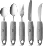 Special Supplies Adaptive Utensils (5-Piece Kitchen Set) Wide, Non-Weighted, Non-Slip Handles for Hand Tremors, Arthritis, Parkinsonâs or Elderly Use - Stainless Steel Knifes, Fork, Spoons - Grey by Special Supplies