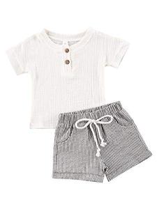 Baby Boys Short Sleeve T-Shirt Tops Elastic Waistband Shorts Set Toddler2Pcs Summer Outfits Clothes (Linen White + Strips, 12-18M) from fhutpw