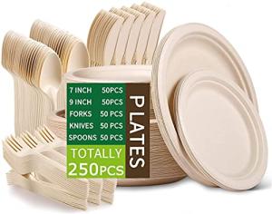 Paper Plates Heavy Duty,Paper Plates Set,Dinner Plates Set,Sugarcane Disposable Paper Plates Set Eco,9 Inch and 7 Inch Party Plates,Forks,Knives and Spoons Set for 50 People [250 PCS] from 