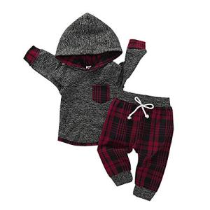 Baby Boy Outfit Winter Plaid Hoodie Baby Christmas Outfit Toddler Clothes for Boys 18-24 Months Dark Red by 