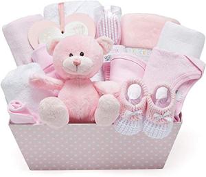 Baby Girl Pink Gift Hamper - with Fleece Wrap, Hooded Towel, Baby Clothes, 2 Muslin Cloths and Cute Teddy Bear from Baby Box Shop