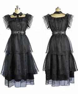 Wednesday Addams Dress Girls Costume Cosplay Black Gothic Lace Dress with Belt Halloween Wednesday Addams Party Decorations (5-6 Years) from 