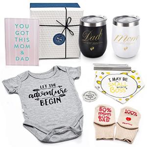Pregnancy Gifts for First Time Moms Dad, Mommy and Daddy Est 2022 Stainless Steel Wine Tumbler Set with Onesie Baby Socks Drool Bib and Decision Coin - Top New Parents Gifts Idea for Gender Reveal from Kjtao