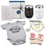 Pregnancy Gifts for First Time Moms Dad, Mommy and Daddy Est 2022 Stainless Steel Wine Tumbler Set with Onesie Baby Socks Drool Bib and Decision Coin - Top New Parents Gifts Idea for Gender Reveal from Kjtao