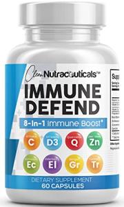 Immune Defense Support Supplement 8 in 1 w/ Zinc 50mg Quercetin, VIT C 1000mg, Vitamin D3 5000 IU, Elderberry, Turmeric Curcumin, Ginger, Echinacea - Immunity System Booster Adults Vegan - 60Ct (USA) by Clean Nutraceuticals