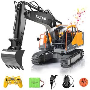 Volvo RC Excavator 3 in 1 Construction Truck Metal Shovel and Drill 17 Channel 1/16 Scale Full Functional with 2 Bonus Tools Hydraulic Electric Remote Control Excavator Construction Tractor from DOUBLE E