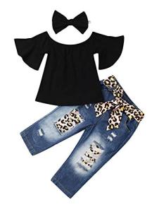 VISGOGO 1-6 Yrs Toddler Baby Kid Girl Outfit Halter T-Shirt Top + Flared Pants Clothes Set (Black-2, 4-5 Years) by 
