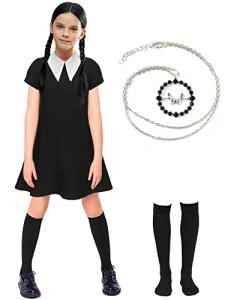 Enccfoeo Girls Wednesday Addams Dress Costume Kids Black Dress with High Socks Necklace Short Sleeve Casual Dress Halloween Costumes EN024L from 