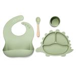 Silicone Baby Feeding Set - Silicone Bib, Dinosaur Shape Silicone Plate for Baby with Suction, Drinking Cup and Baby Led Weaning Spoon - Baby Toddler Self Feeding Training Eating Dishes Supplies from 