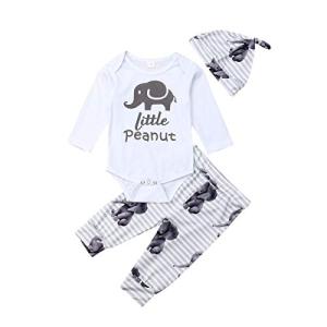 3Pcs Newborn Baby Boy Girl Elephant Outfits Long Sleeve Little Peanut Romper Bodysuit+Leggings Pants+Hat Fall Winter Clothes (3Pcs Elephant Set, 6-12 Months) from 