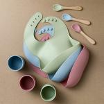 Silicone Baby Feeding Set - Silicone Bib, Dinosaur Shape Silicone Plate for Baby with Suction, Drinking Cup and Baby Led Weaning Spoon - Baby Toddler Self Feeding Training Eating Dishes Supplies from 