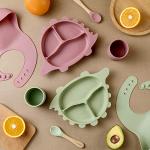 Silicone Baby Feeding Set - Silicone Bib, Dinosaur Shape Silicone Plate for Baby with Suction, Drinking Cup and Baby Led Weaning Spoon - Baby Toddler Self Feeding Training Eating Dishes Supplies from 