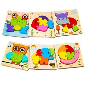 SKYFIELD Wooden Animal Puzzles for 1 2 3 Years Old Boys Girls, Toddler Educational Developmental Toys Gift with 6 Animals Baby Montessori Color Shapes Learning Puzzles by SKYFIELD