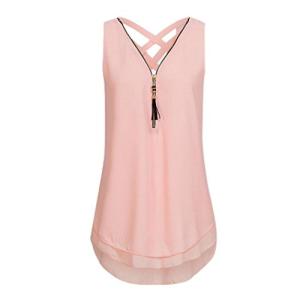 Hatoys Loose T-Shirts, Women Sleeveless Cross Back Hem Layed Zipper V-Neck Tank Top Vest Blouse (XXXL, Pink) by 