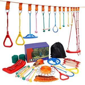 NEEDUX Ninja Warrior Obstacle Course for Kids, 50ft Ninja Slackline, 11 Accessories Kid Outdoor Play Equipment, Train a American Ninja Kids Toys from NEEDUX