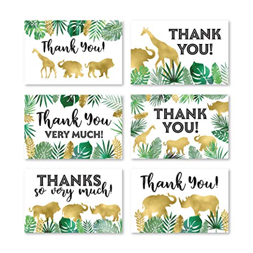 24 Safari Thank You Cards With Envelopes, Kids or Baby Shower Thank You Note, Jungle Greenery Gold 4x6 Varied Zoo Animal Giraffe Gratitude Card Pack For Party, Girl Boy Children Birthday Stationery from Hadley Designs