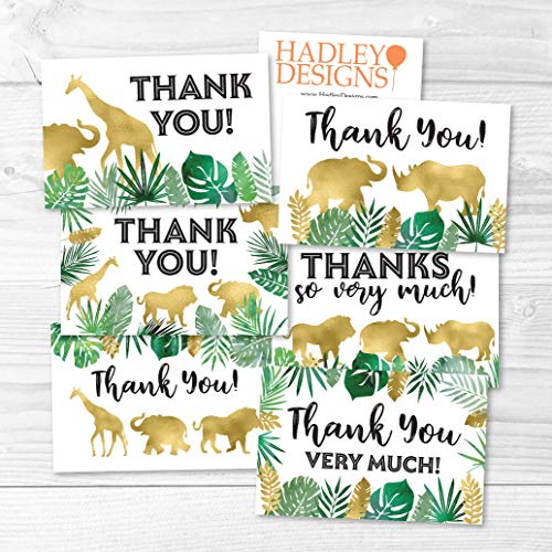 24 Safari Thank You Cards With Envelopes, Kids or Baby Shower Thank You Note, Jungle Greenery Gold 4x6 Varied Zoo Animal Giraffe Gratitude Card Pack For Party, Girl Boy Children Birthday Stationery from Hadley Designs