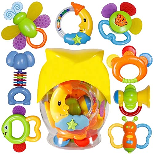 Baby Rattle Sets Teether Rattles Toys, 8pcs Babies Grab Shaker and Spin Rattle Toy Early Educational Toys with Owl Bottle Gifts Set for 0, 3, 6, 9, 12 Month Newborn Infant Baby, Boy, Girl from LITTLESMET