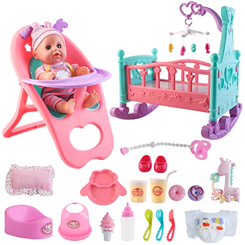 deAO Baby Doll Set with Crib Mobile High Chair Stroller Feeding Accessories 21 Pieces Play Set (Baby Doll Included) by deAO