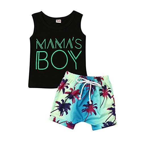 2Pcs Baby Boys Summer Clothing Sets Cute Letters Print Sleeveless Tank Tops T-Shirt+Palm Shorts Outfits (Black Tank Tops+Beach Shorts, 12-18 Months) by 