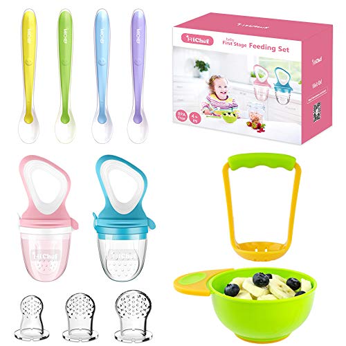 Food Feeder Baby Fresh Fruit Feeder (2 Pack) with 3 Different Sized Silicone Pacifiers, Mash and Serve Bowl with 4 Soft-Tip Silicone Baby Spoons, Perfect Baby First Stage Feeding Set by MICHEF by MICHEF