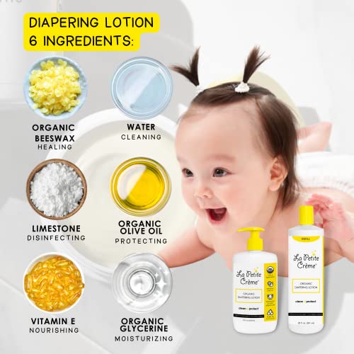 La Petite Creme French Diapering Starter Bundle - Includes Organic Diaper Lotion (8 oz and 2 oz), Diaper Balm (1 oz), and 50 Disposable Cotton Pads - Baby Essentials for Newborn - Baby Shower Gift Set by La Petite Creme