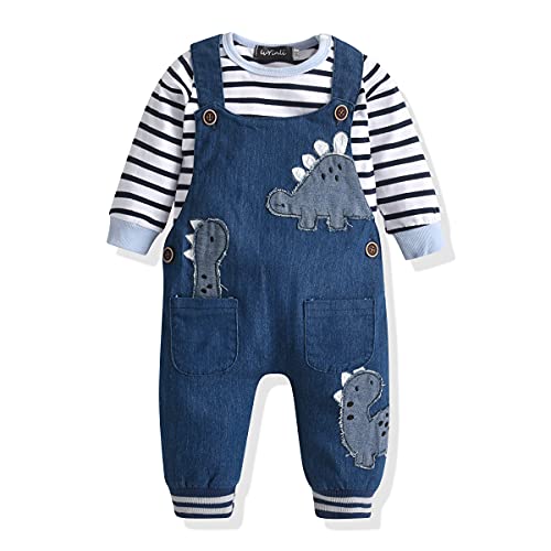 LvYinli Baby boys Outfits Clothes Suit Toddler Boy's Stripe Long Sleeve Bodysuit+Dinosaur Denim Overalls Jumpsuit Pants Sets (0-6 Months, Blue) by 