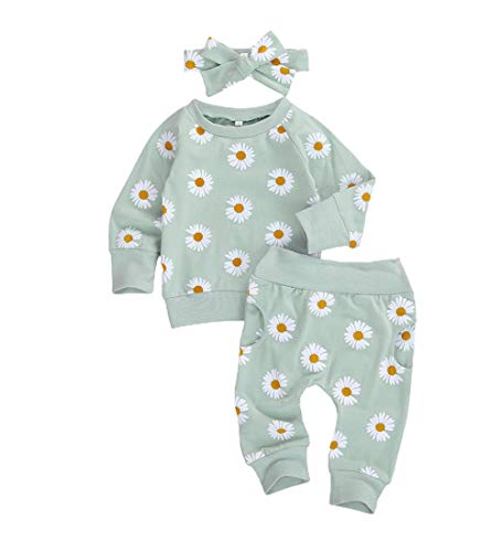 0-24M Flower Newborn Infant Baby Girl Clothes Set Long Sleeve Sweatshirts Tops Pants Outfits (Green, 0-6 Months) by 