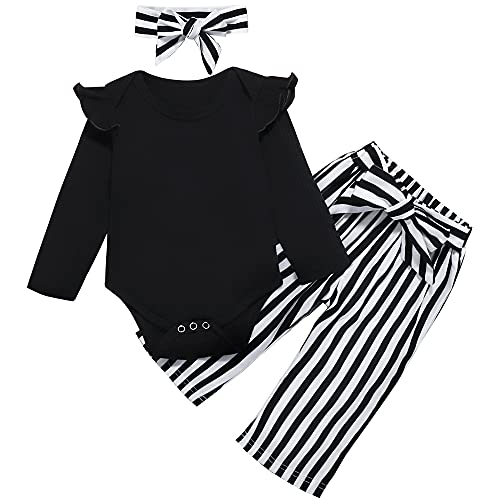 Toddler Baby Girl Clothes Ruffle Long Sleeve top Striped Long Pants Headband 3Pcs Baby Winter Clothes Set Black by 