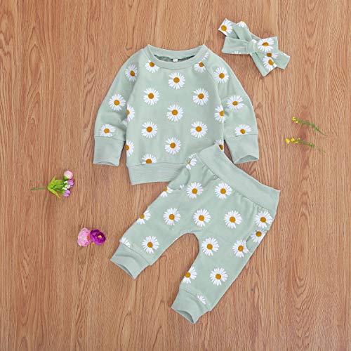 0-24M Flower Newborn Infant Baby Girl Clothes Set Long Sleeve Sweatshirts Tops Pants Outfits (Green, 0-6 Months) by 