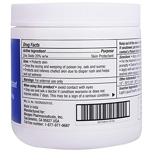 Nivagen Zinc Oxide Ointment USP 20% | For Diaper Rash, Chafed Skin, Protects From Wetness, Relief From Poison Ivy, Poison Oak, & Poison Sumac | 15oz Jar Of Zinc Oxide by Nivagen Pharmaceuticals, Inc.