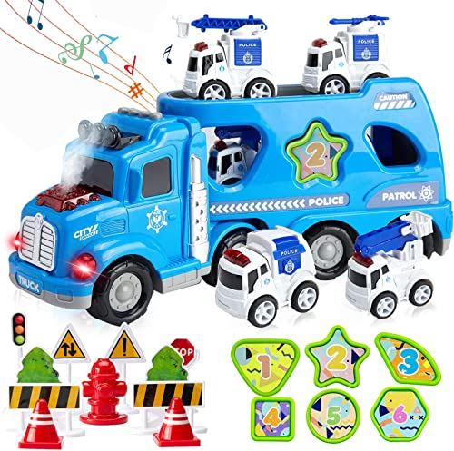 Maiwaput 22 in 1 Fire Truck Toddler Toy Cars, Shape Sorting Toy City Servive Police Truck with Light& Mist Spray, 4 Alloy Mini Police Vehicles, Road Signs for Kid Age 3+ Push and Go Play Xmas Gifts by Maiwaput