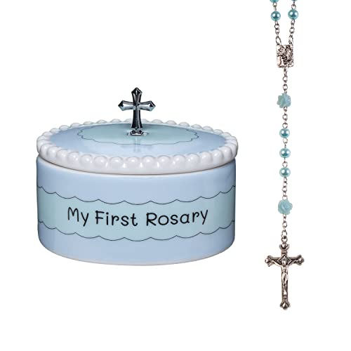 Cascade Goods - Boys First Baby Rosary Cross with Matching Blue Keepsake Box, Baby Boy Baptism Gifts for Baby Showers, 1st Holy Communions & Baby Bible, Two Piece Catholic Christening Gift for Boys from Cascade Goods