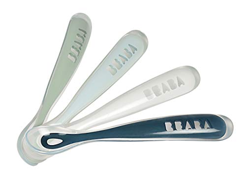 BEABA First Stage Baby Feeding Spoon Set, THE ORIGINAL Soft Tip Silicone Spoons for Babies, Gum Friendly BPA Lead Phthalate and Plastic Free, Great Gift Set (4 Pack), Rain by BEABA