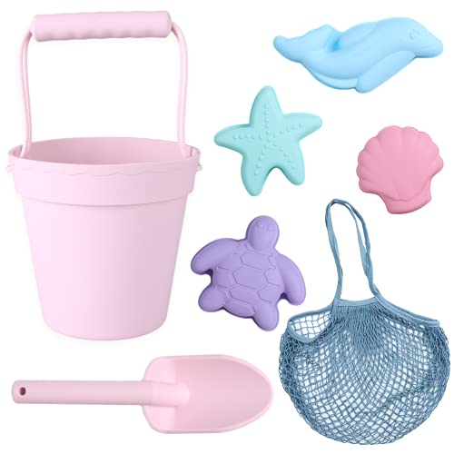 BLUE GINKGO Silicone Beach Toys - Beach Accessories for Kids - Travel Beach Bag, Sand Toy Molds, Shovel and Bucket Set - Baby Bath Water Play Toys, Toddler Outdoor Pool Summer Playset - 7pc (Pink) by BLUE GINKGO