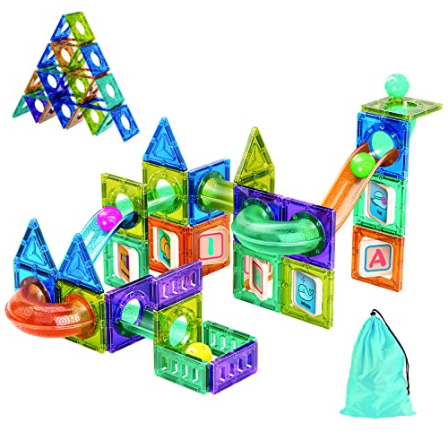 Magnetic Tiles Marble Run for Kids Ages 4-8 with Storage Bag, STEM Educational Toys 3D Strong Magnets Building Blocks Set Construction Playboards for 3 4 5 6 7 8 9 10 Year Old Boys Birthday Gift 71pcs by Destric