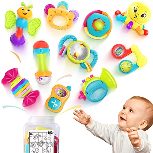 iPlay, iLearn 10pcs Baby Rattle Toys, Infant Shaker, Teether, Grab and Spin Rattles, Musical Toy Set, Early Educational, Newborn Baby Gifts for 0, 3, 6, 9, 12 Months, Girls, Boys by iPlay, iLearn