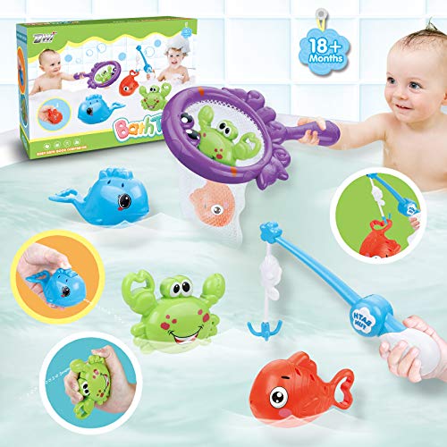 Dwi Dowellin Bath Toys Fishing Games with Fish Net BPA Free No Mold Squirt Fishes Crab Water Table Pool Bath Time Bathtub Toy for Toddlers Baby Kids Infant Girls Boys Age 1 2 3 4 5 6 Years Old by Dwi Dowellin