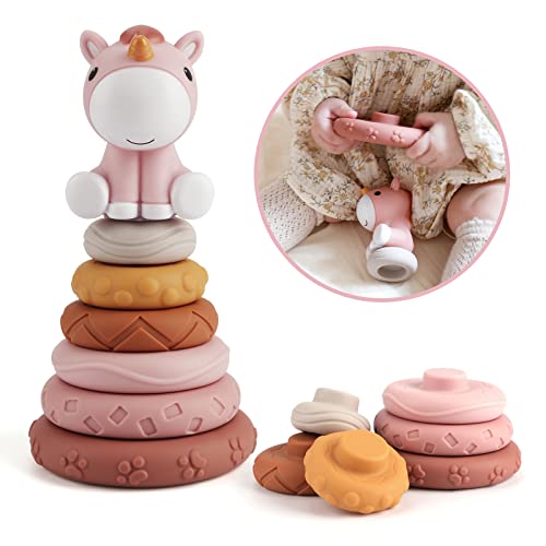 Nueplay 7 Pcs Stacking & Nesting Baby Toys, Squeeze Teething Baby Toys and Building Circle with Pink Horse Figure, Early Educational Shower Gifts for 6 12 18 Months Baby Toddler Boys Girls by Nueplay
