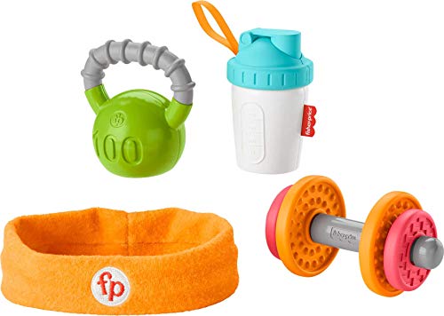 Fisher-Price Gift Set, 4 fitnessthemed toys with wearable costume bib rattle and teether for babies ages 3 months and older, Fisher-Price Baby Biceps by Fisher Price